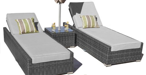 Direct Wicker Outdoor 3Pcs Deluxe Patio Adjustable Wicker Rattan Chaise Lounge Set With Cushions And Table (Color: Black)
