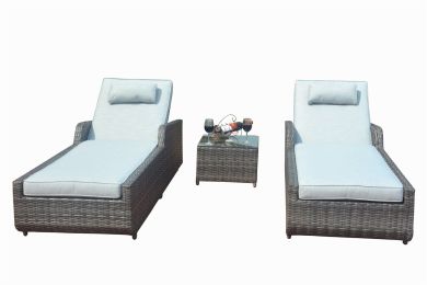 Direct Wicker Outdoor 3Pcs Deluxe Patio Adjustable Wicker Rattan Chaise Lounge Set With Cushions And Table (Color: Gray)