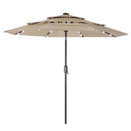 3 Tiers And 8 Ribs Outdoor Umbrella With 32 Led Lights,Patio Table Umbrella With Push Button Tilt And Crank,Beige (Color: Beige)