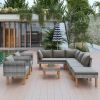 9-Piece Outdoor Patio Garden Wicker Sofa Set, Gray Pe Rattan Sofa Set, With Wood Legs, Acacia Wood Tabletop, Armrest Chairs With Beige Cushions