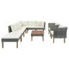 9-Piece Outdoor Patio Garden Wicker Sofa Set, Gray Pe Rattan Sofa Set, With Wood Legs, Acacia Wood Tabletop, Armrest Chairs With Beige Cushions