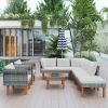 9-Piece Outdoor Patio Garden Wicker Sofa Set, Gray Pe Rattan Sofa Set, With Wood Legs, Acacia Wood Tabletop, Armrest Chairs With Beige Cushions