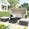 Outdoor Patio Rectangle Daybed With Retractable Canopy, Wicker Furniture Sectional Seating With Washable Cushions, Backyard, Porch
