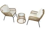 3Pcs Outdoor Patio Balcony Natural Color Wicker Chair Set With Beige Cushion And Round Tempered Glass Table