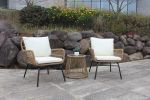 3Pcs Outdoor Patio Balcony Natural Color Wicker Chair Set With Beige Cushion And Round Tempered Glass Table