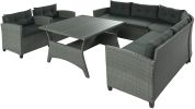6-Piece Outdoor Wicker Sofa Set, Patio Rattan Dinning Set, Sectional Sofa With Thick Cushions And Pillows, Plywood Table Top, For Garden, Yard, Deck