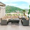 6-Piece Outdoor Wicker Sofa Set, Patio Rattan Dinning Set, Sectional Sofa With Thick Cushions And Pillows, Plywood Table Top, For Garden, Yard, Deck