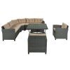 6-Piece Outdoor Wicker Sofa Set, Patio Rattan Dinning Set, Sectional Sofa With Thick Cushions And Pillows, Plywood Table Top, For Garden, Yard, Deck.
