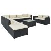 9-Piece Outdoor Patio Large Wicker Sofa Set, Rattan Sofa Set For Garden, Backyard,Porch And Poolside, Black Wicker, Beige Cushion