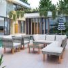 9-Piece Outdoor Patio Garden Wicker Sofa Set, Gray Pe Rattan Sofa Set, With Wood Legs, Acacia Wood Tabletop, Armrest Chairs With Beige Cushions