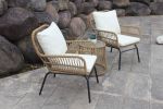 3Pcs Outdoor Patio Balcony Natural Color Wicker Chair Set With Beige Cushion And Round Tempered Glass Table