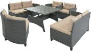 6-Piece Outdoor Wicker Sofa Set, Patio Rattan Dinning Set, Sectional Sofa With Thick Cushions And Pillows, Plywood Table Top, For Garden, Yard, Deck