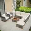 9-Piece Outdoor Patio Garden Wicker Sofa Set, Gray Pe Rattan Sofa Set, With Wood Legs, Acacia Wood Tabletop, Armrest Chairs With Beige Cushions