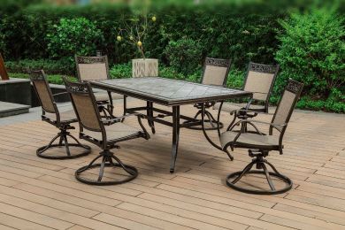 [Only For Pickup] Dining Set 7Pcs Set W/ Porcelain Top & Sling Fabric Swivel Rocker Chair