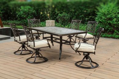 [Only For Pickup] Dining Set 7Pcs Set W/ Porcelain Top & Cast Aluminum Swivel Rocker Chair