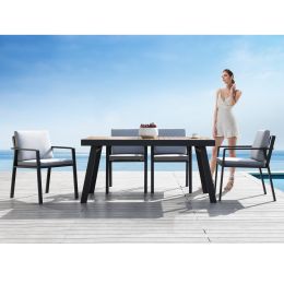 Higold 6801 Nofi Patio Furniture, 7 Pieces Outdoor Dining Set With Grey Cushions, Matte Charcoal Aluminum Frame, Imitated Teak Aluminum Tabletop