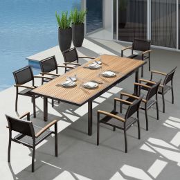 Higold - Heck 9 Pieces Retractable Patio Dining Sets, For Outdoor Dining Using, Grade A Teak, Matte Charcoal Aluminum Frame And Textilene Finished