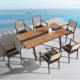 Higold - Champion Patio Dining Set, 7 Pieces Outdoor Dining Chairs With Teak Solid Wood Tabletop, Matte Charcoal Aluminum Frame